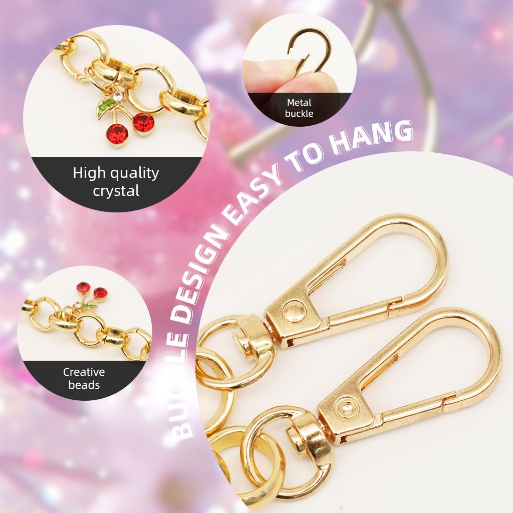 SANNIDHI Cherry Gold Keychain for Women with Double Buckle Design and Sparkling Crystal Charms | 10 in Lightweight Metal Accessory for Bag or Purse