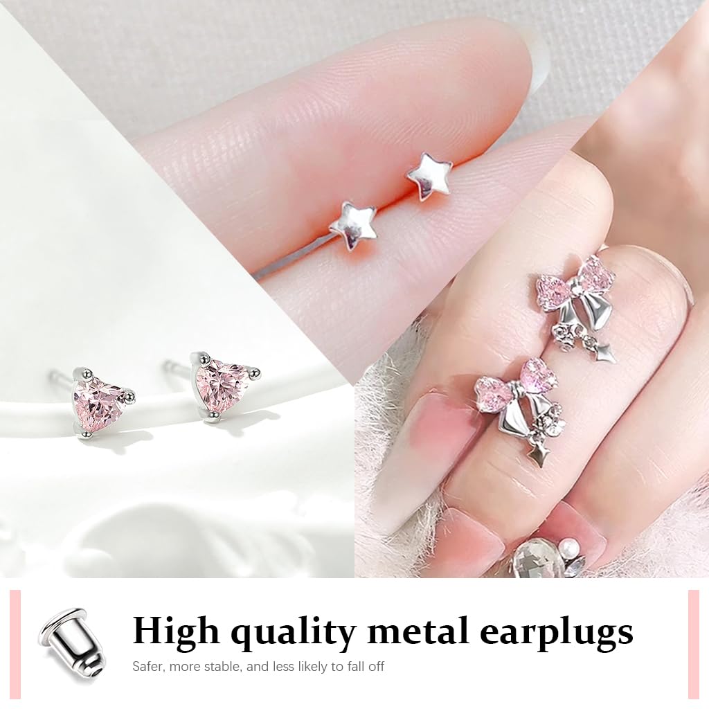 SANNIDHI Earrings Set for Women featuring 3 Pairs Stainless Steel Pink Rhinestone Bows | Hypoallergenic Studs for Multiple Piercings