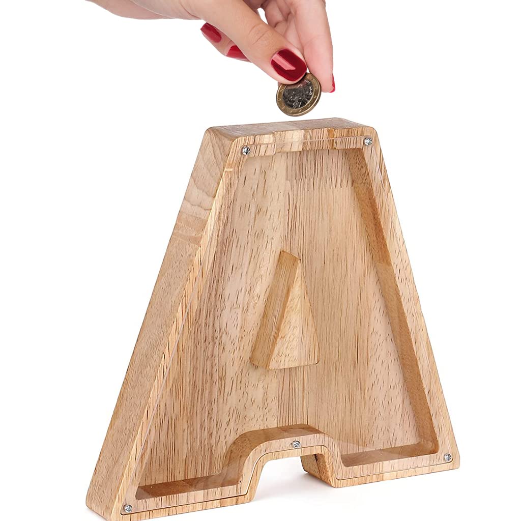 ELEPHANTBOAT Personalized Wooden Letter Piggy Bank for Kids featuring 20×18 cm Size | Transparent Acrylic Window and Screw‑Open Design