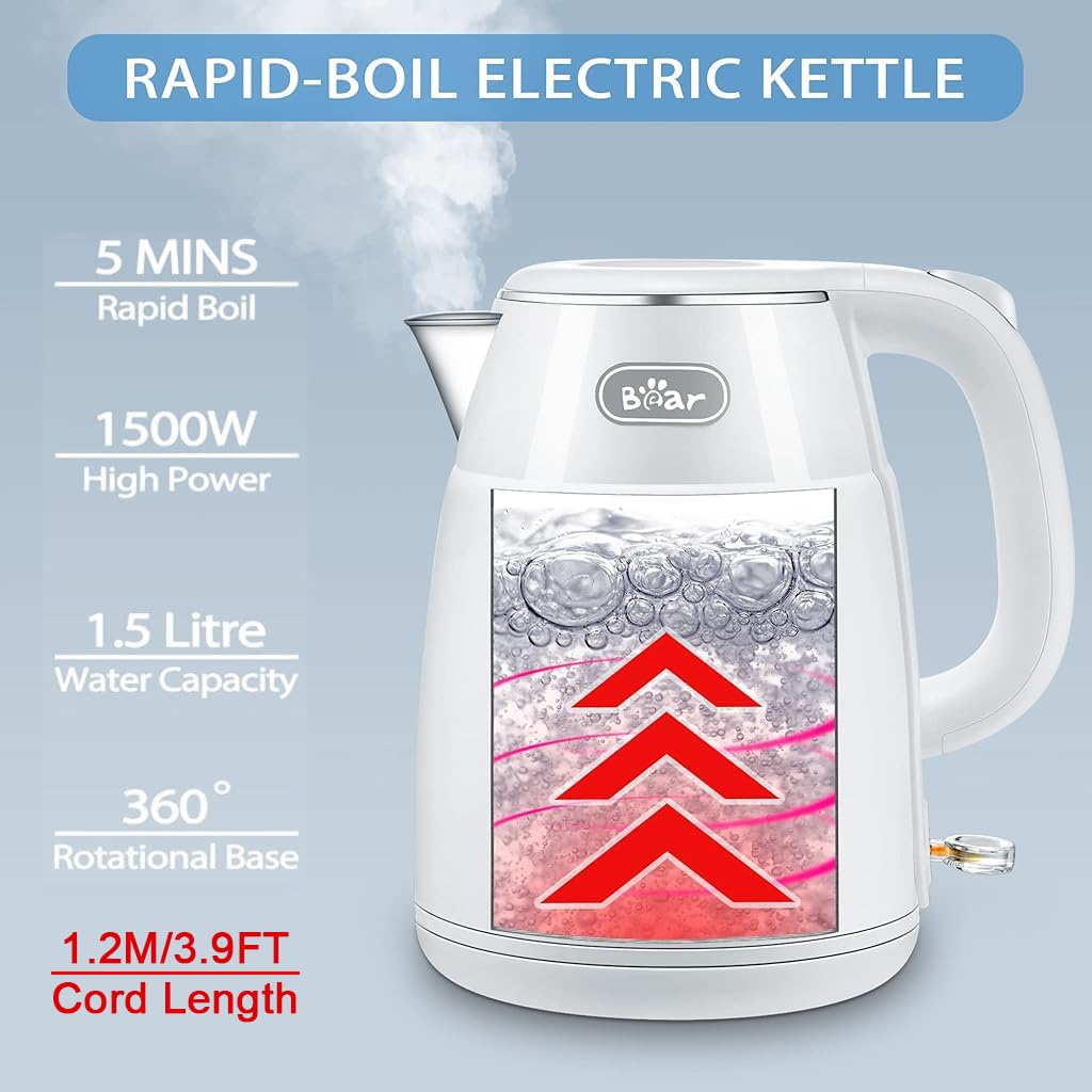 Bear Electric Kettle for Hot Water with 1500W Rapid Heating and 1.5L 304 Stainless Steel Body
