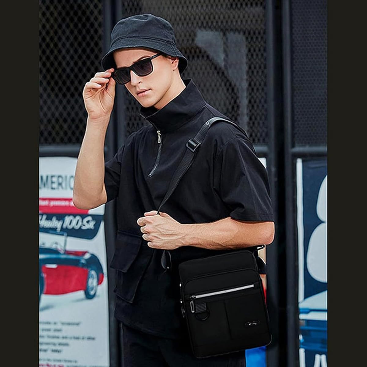 GUSTAVE Sling Bag for Men, Oxford Cloth Small Side Bag Messenger Bags Crossbody Bags for Men with Adjustable Strap for Working Shopping Business Travel, Black