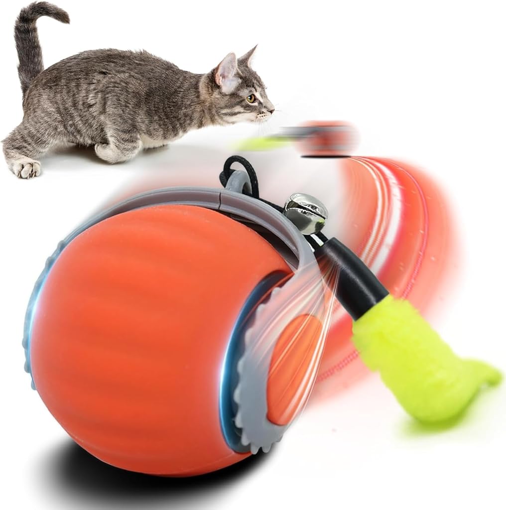 Qpets® Electric Cat Ball Toy USB Rechargeable Ball Toy Cat Teaser Toy with 2 Speed Fun Speedy Chasing Ball Toy with Teasing Tail & Bell Charm Self Entertainment Toy for Cats