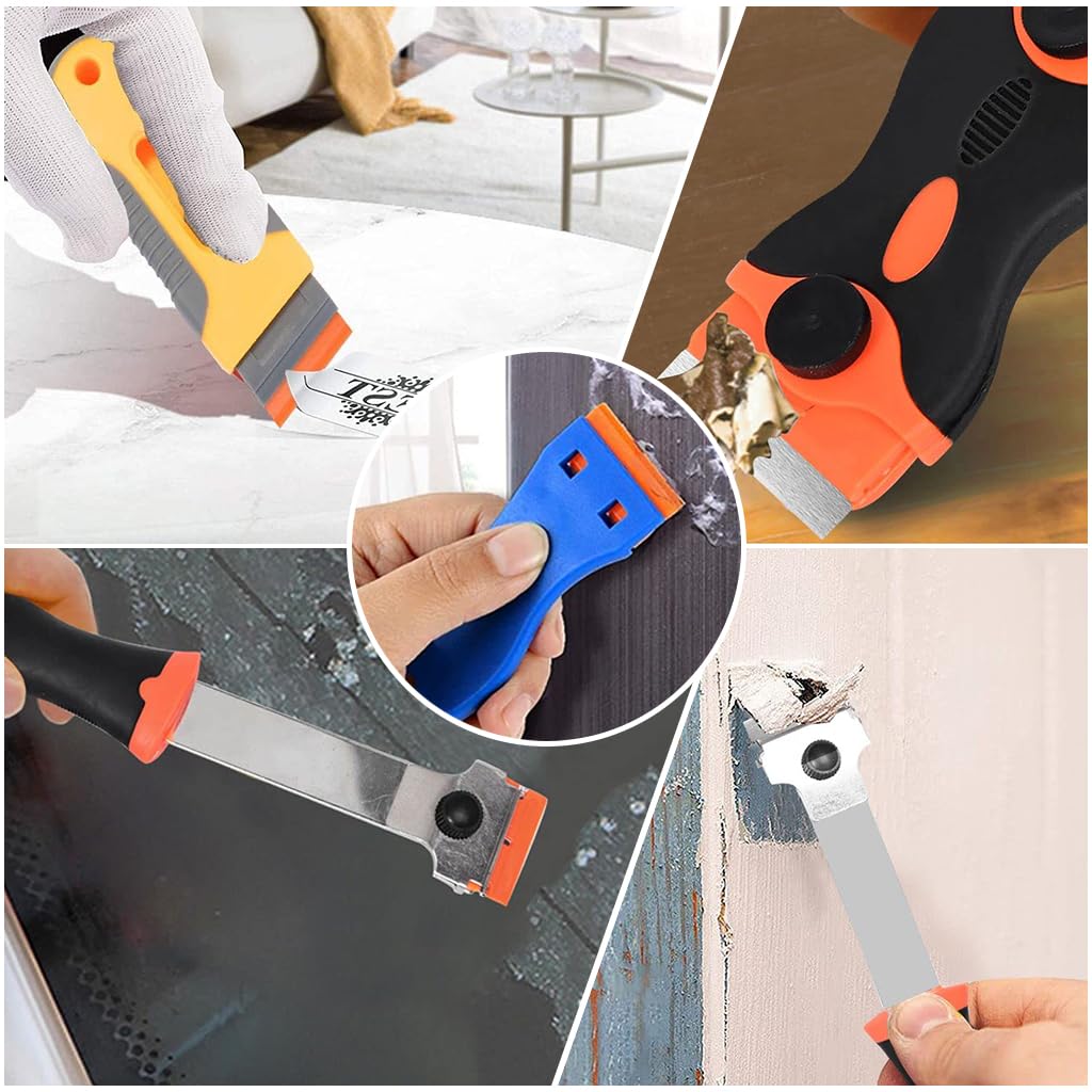 Serplex® Razor Scraper Glue Remove Tool Set of 5 Razor Scraper Tool with 10 Plastic and 10 Metal Razor Blades Extendable Scraper Tool  for Removing Stickers, Labels on Wall, Glass, Tiles