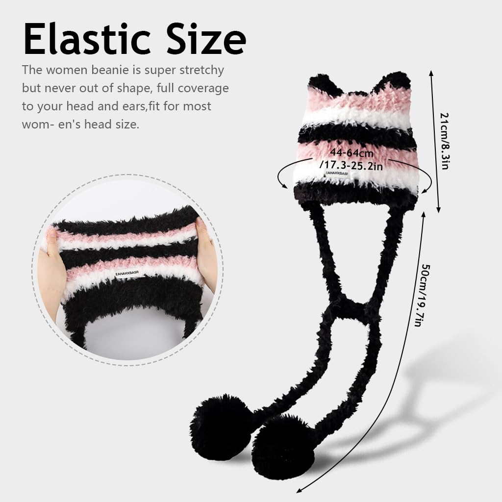 SANNIDHI Winter Cap for Women featuring Cat Ear Plush Knit Design and Pom Pom | Pink and Black Striped Beanie