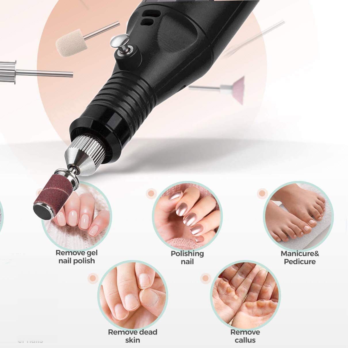 MAYCREATE Mini Electric Nail Drill for Manicure and Pedicure with 6 Bits 2000–18000 RPM | Portable Black Polisher