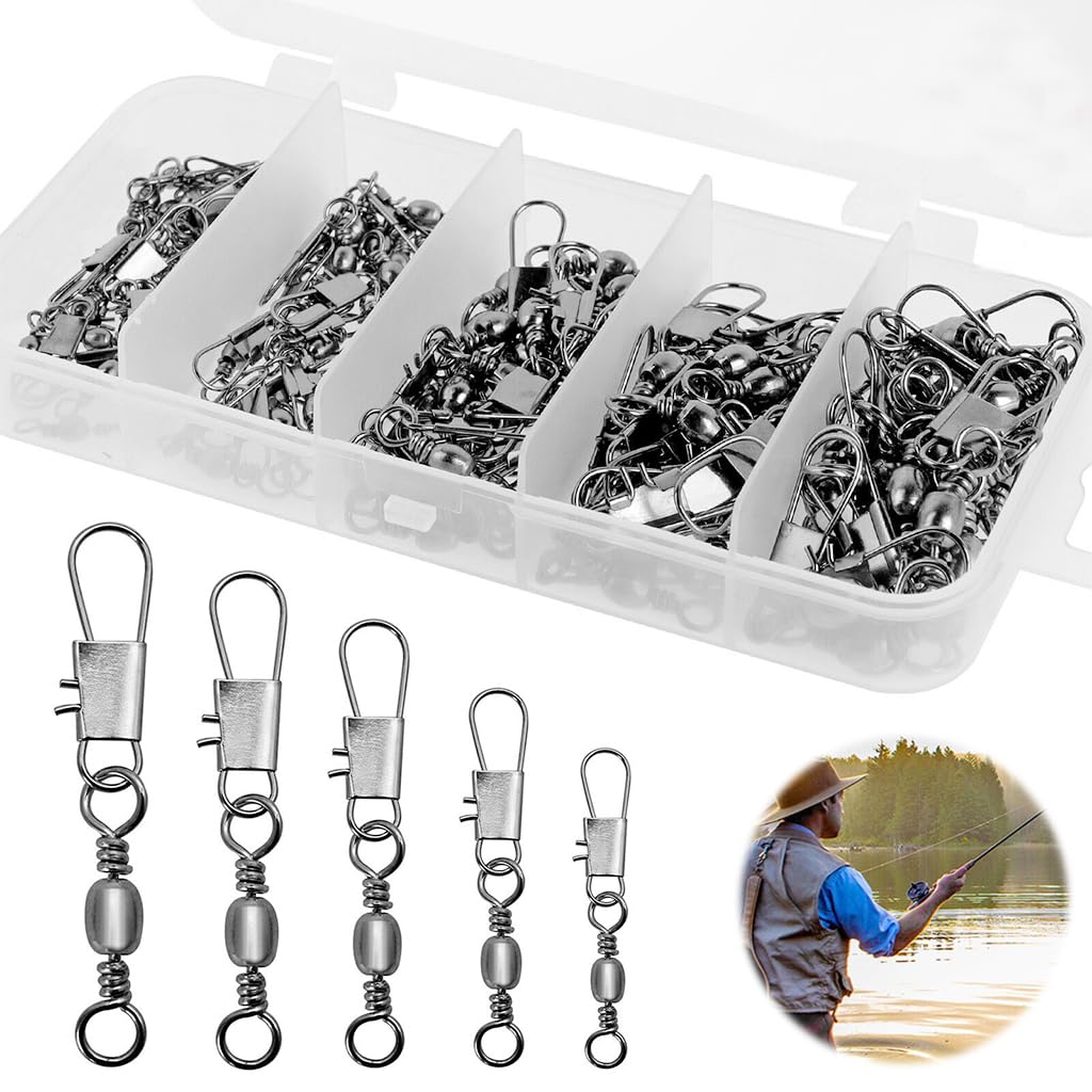 Proberos® 50Pcs Fishing Rolling Ball Bearing Barrel Swivel with Safety Snap Connector Fishing Accessories, 5 Sizes