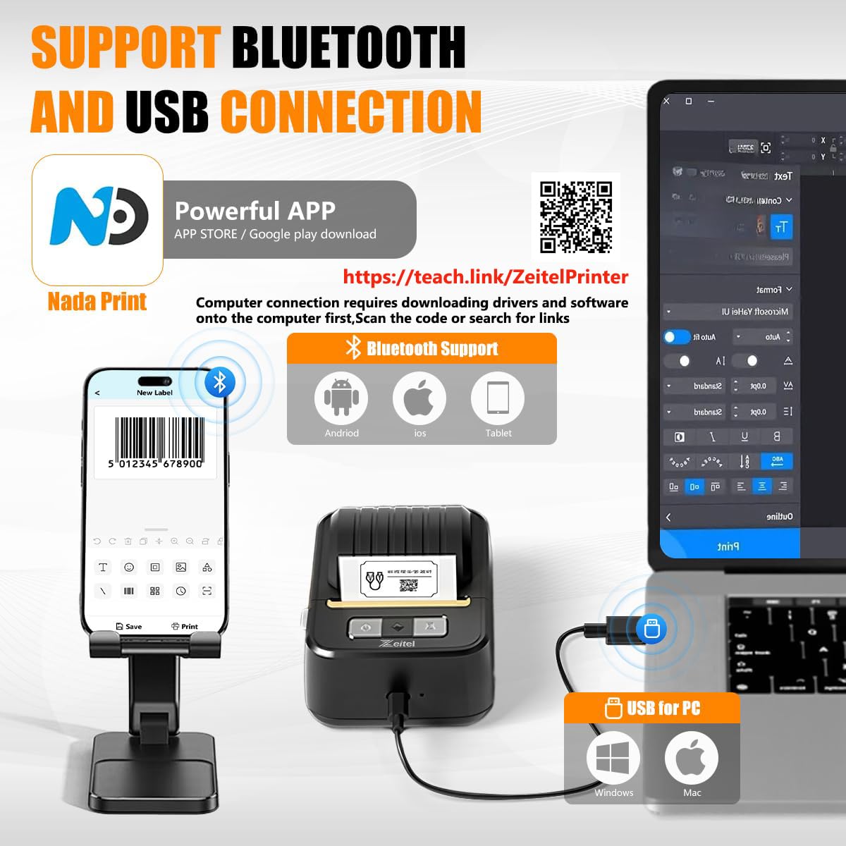 ZEITEL Thermal Label Printer for Home & Office with Bluetooth and 40mm/s Speed | 203 DPI Inkless Sticker Maker