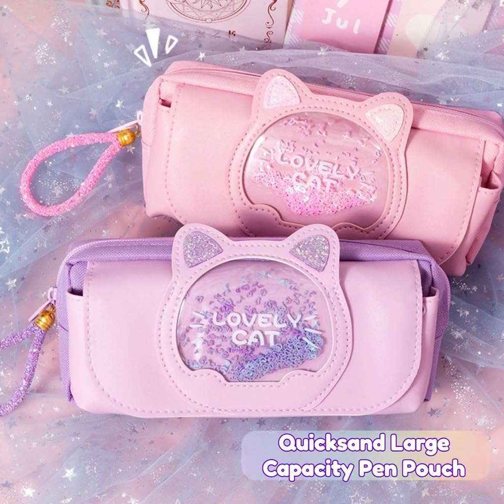 Zibuyu Cute Cat Kawaii Pencil Case for School with Quicksand Glitter and Handle | Purple PU Leather Organizer