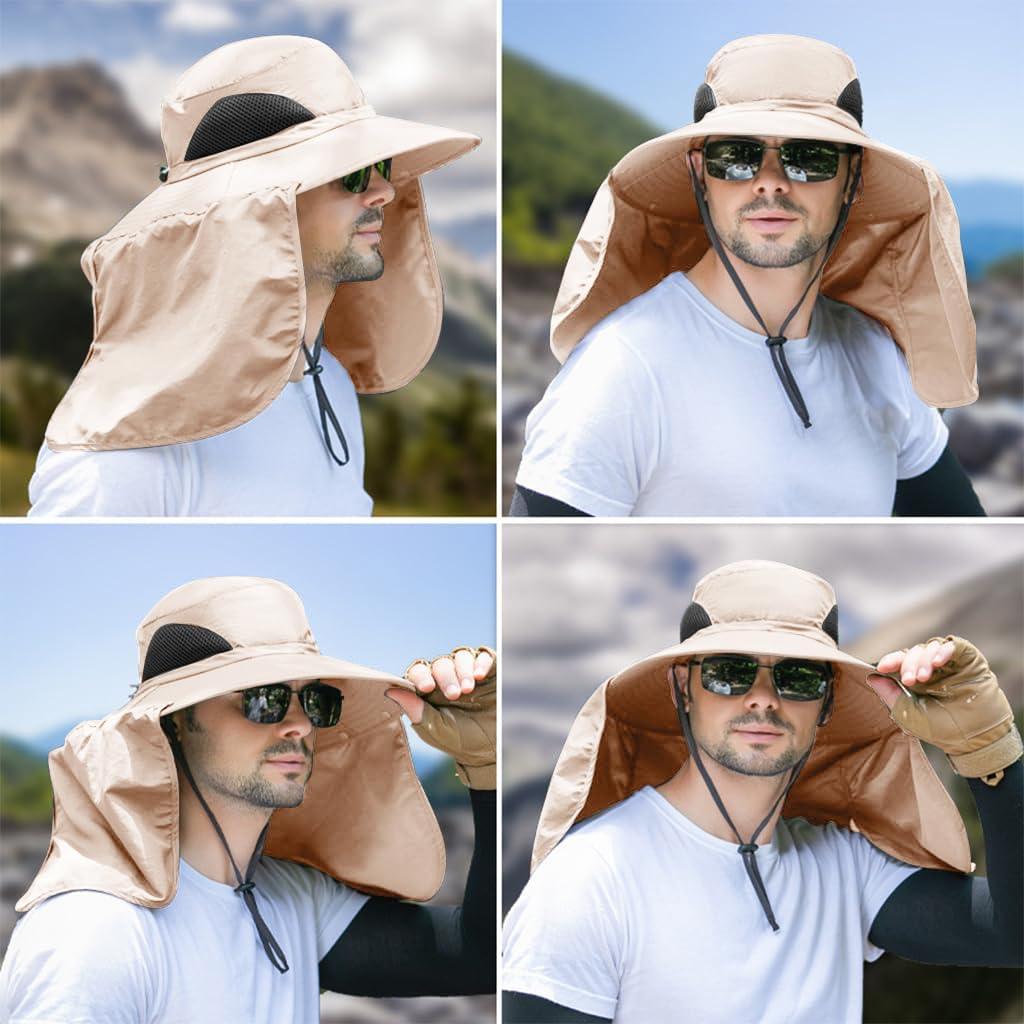 GUSTAVE® Wide Brim Bucket Hat 360 Degree UV-Protection Sun Hat with Neck Flap & Removable Face Cover Outdoor Unisex Sun Hat with Chin Strap, Breathable Sun Hat for Hiking, Fishing, Gardening, Beige