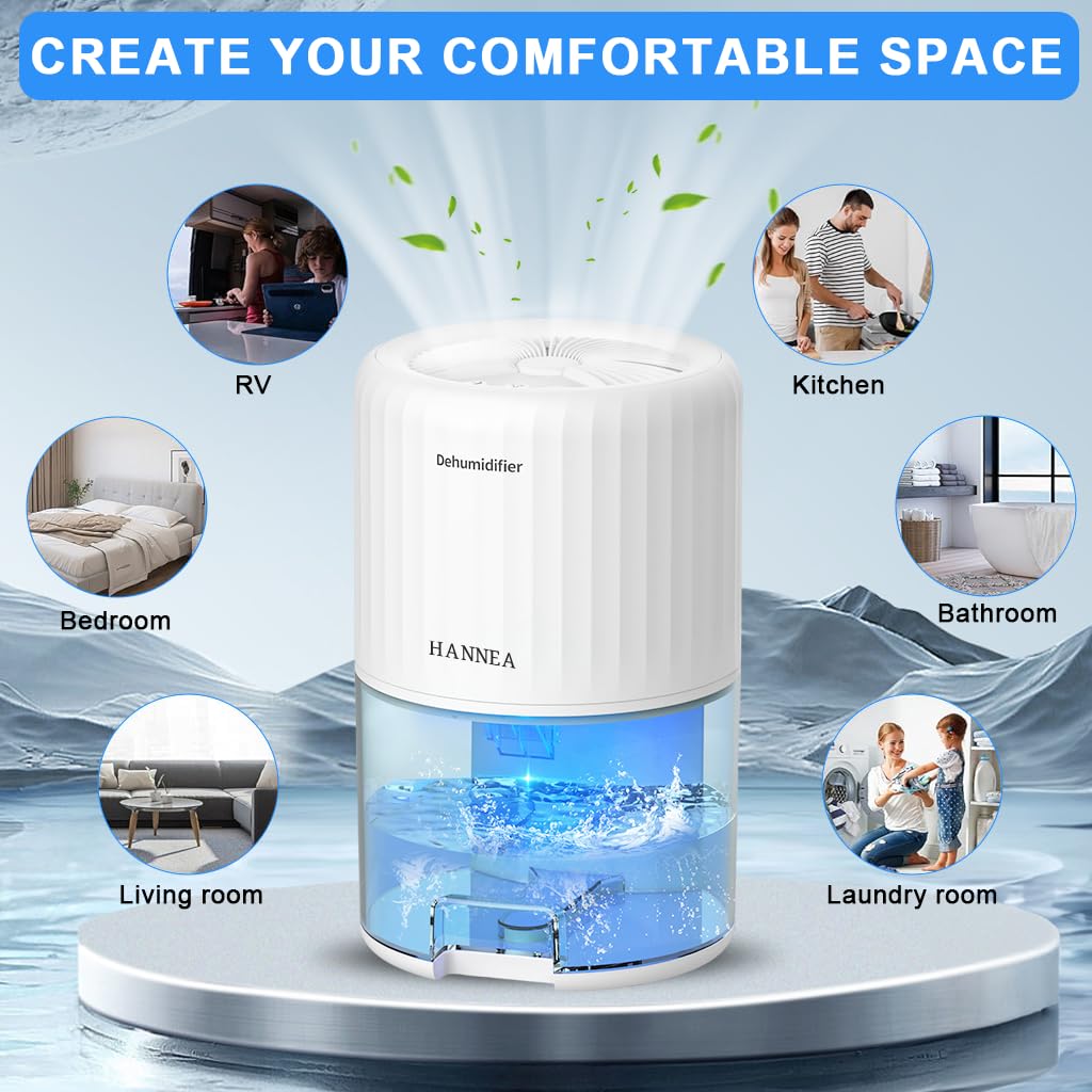 HANNEA Dehumidifier for Home with 2L Water Tank and Ultra Quiet Sleep Mode | White LED Model