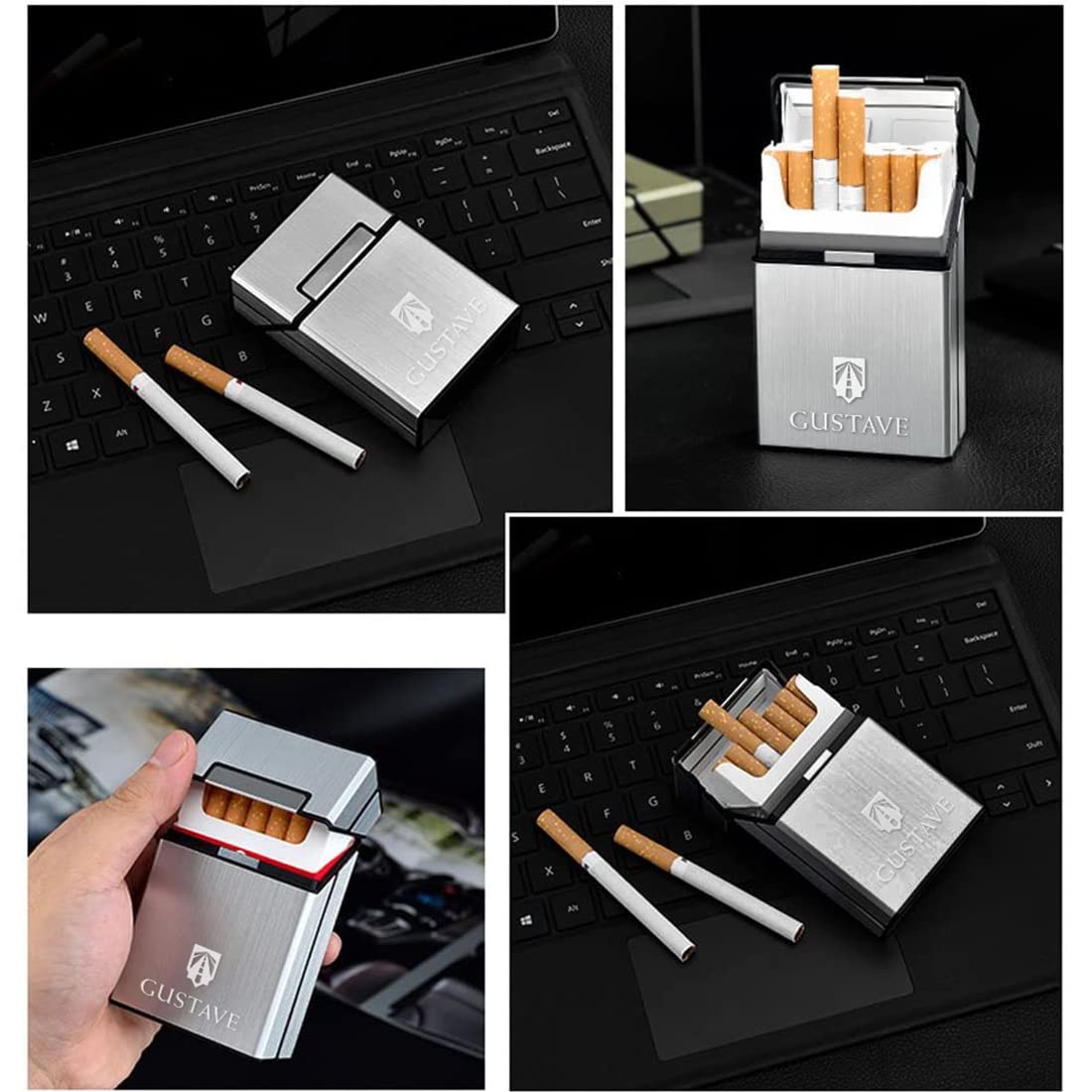 GUSTAVE Cigarette Case for Whole Pack 20pcs featuring Magnetic Seal and Aluminum Shell | Black and Silver Set