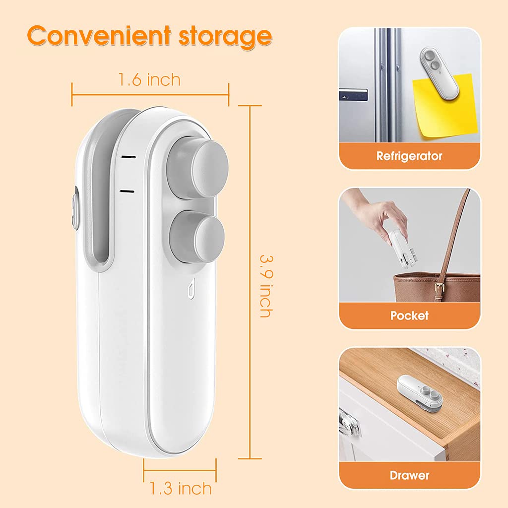 Supvox Mini Sealing Machine for Food Bags with 2 in 1 Sealer and Cutter | Rechargeable White