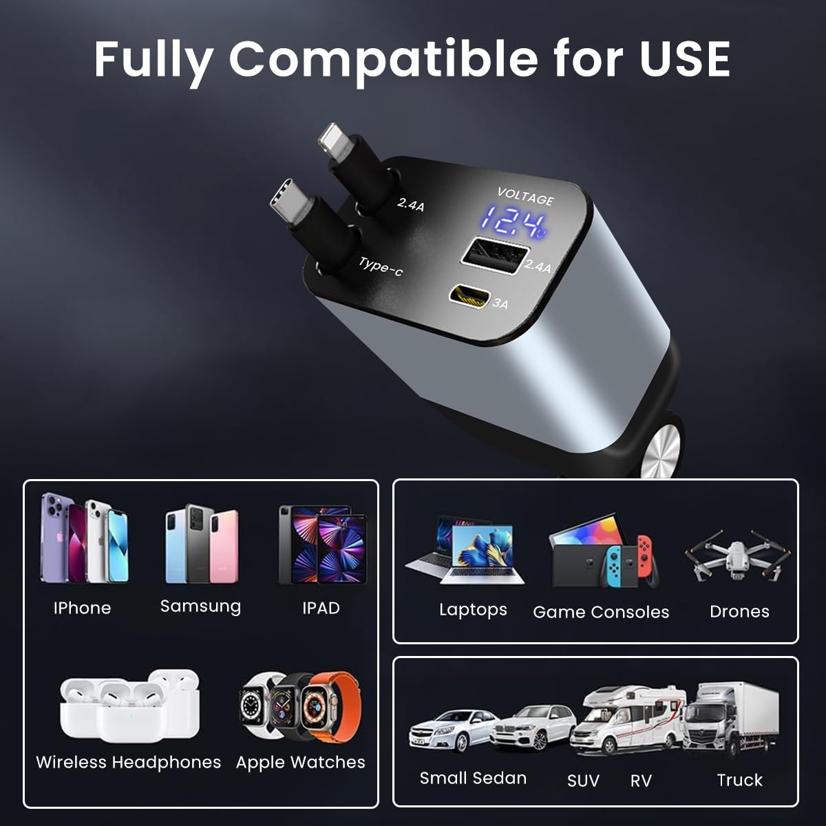 HASTHIP® Retractable Car Charger, 4 in 1 Fast Car Phone Charger 66W, 2 Retractable Cables and USB Car Charger,