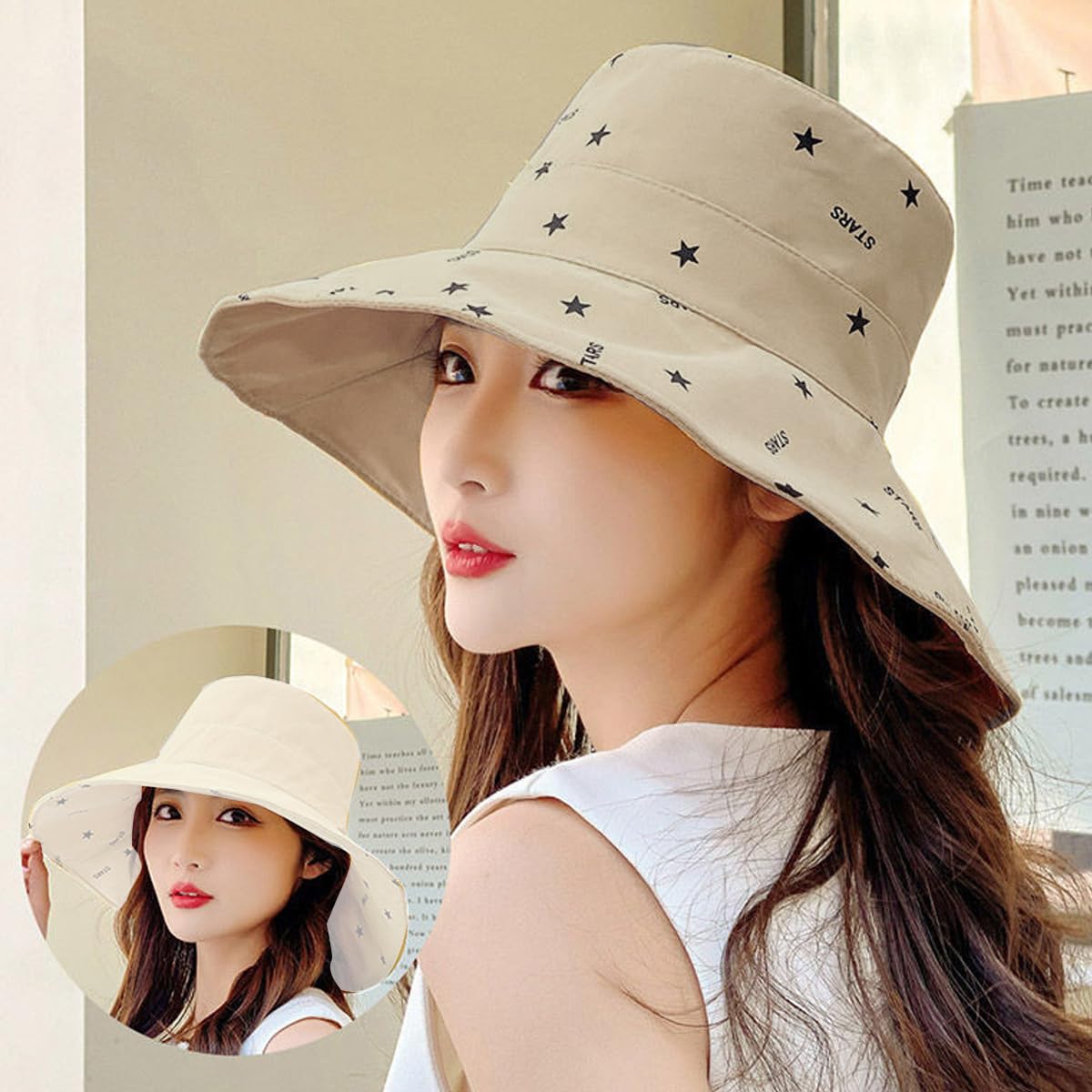 PALAY® Bucket Hat for Women, Wide Brim Sun Hats for Women, Breathable Cotton Beach Hat Reversible Solid Color & Prints Cap for Daily, Travel, Camping, Fishing (Beige)