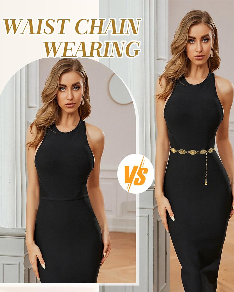 ZIBUYU Waist Chain for Saree featuring Adjustable Metal Buckle 63cm+50cm | Golden Hip Belt