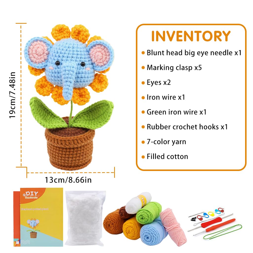 HASTHIP® Crochet Stuffed Animal Kit Crochet Kit for Beginners Elephant Knitting Kit Full Set Crochet Starter Kit with Yarn, Polyester Fiber, Crochet Hooks, Tutorial Video, DIY Gift Friends (Sunflower)