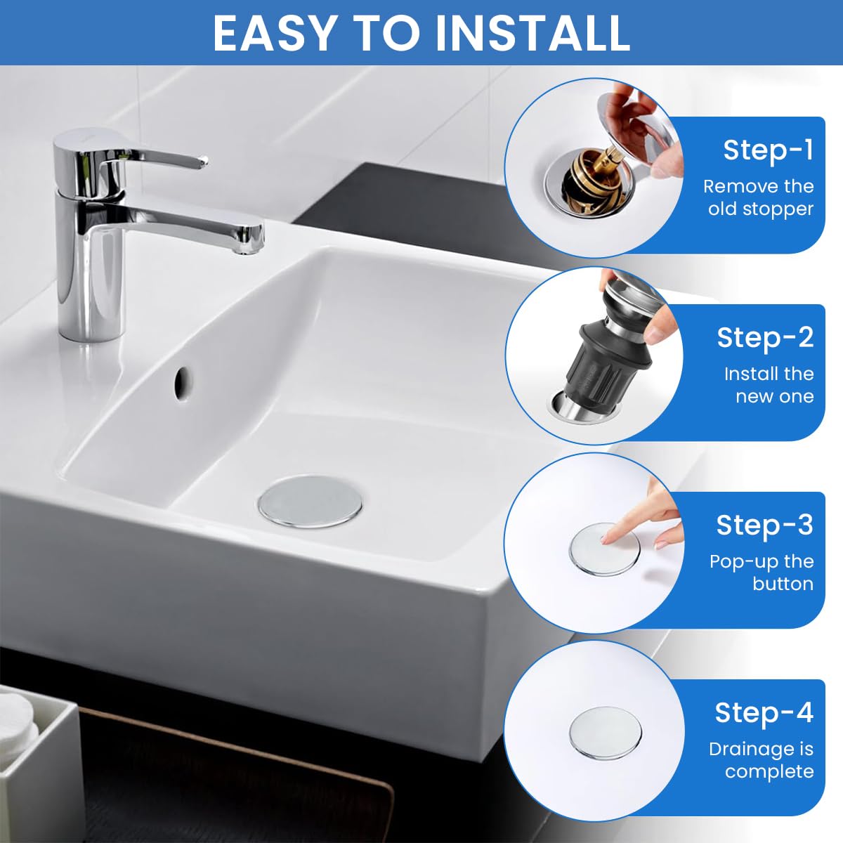 ZIBUYU Universal Pop Up Sink Drain Stopper for 1.3 in Basin Holes with Bounce Filter | Stainless Steel Plug for Kitchen and Bathroom