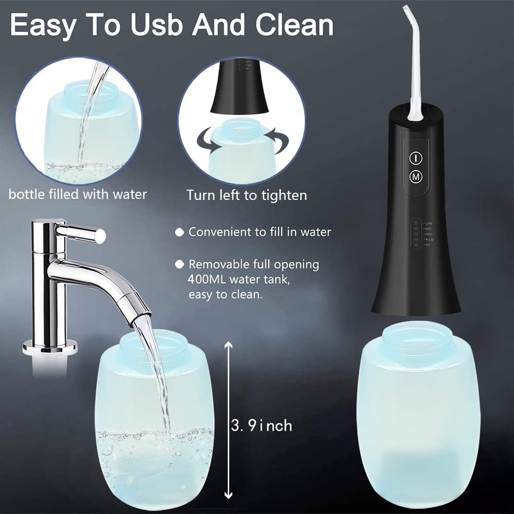 HANNEA Water Dental Flosser for Teeth with 400ml Tank and 360° Jet Tips | 5 Modes IPX7 Cordless Design