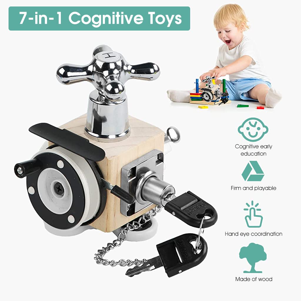 ZIBUYU Wooden Montessori Busy Board Cube for Parent Kids Activity with 7 in 1 Toys | Educational Sensory Toy for 1 4 Year Old Toddlers