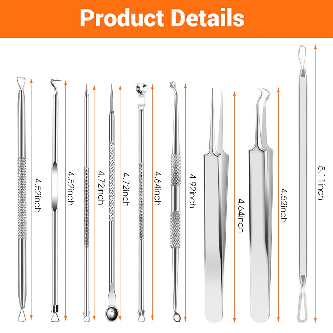 MAYCREATE Blackhead Remover Tools for Acne Care featuring Dual Head Design & Anti Slip Handle | 9PCS Stainless Steel Set