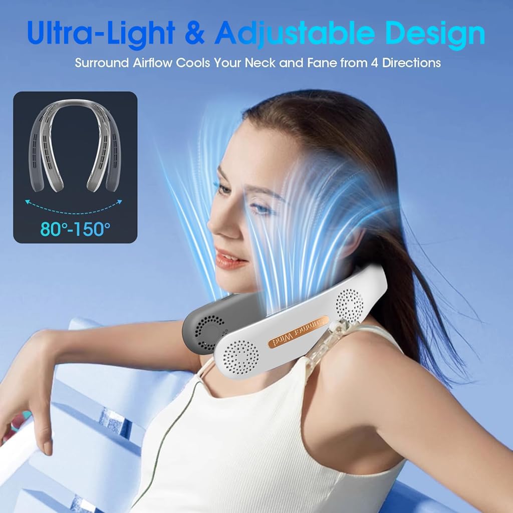 ZORBES Portable Neck Fan for Travel and Outdoor Use with 4000mAh Battery featuring Bladeless Turbo Cooling | White