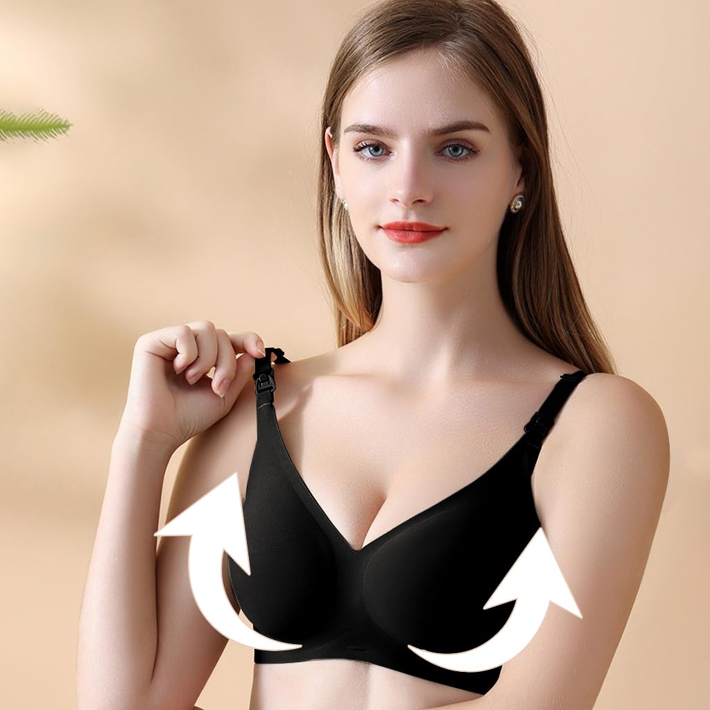 Zibuyu Womens Nursing Bra for Breastfeeding with Front Clip Down Clasps and Seamless Wireless Comfort Fit | Soft Nylon Spandex Full Coverage Black