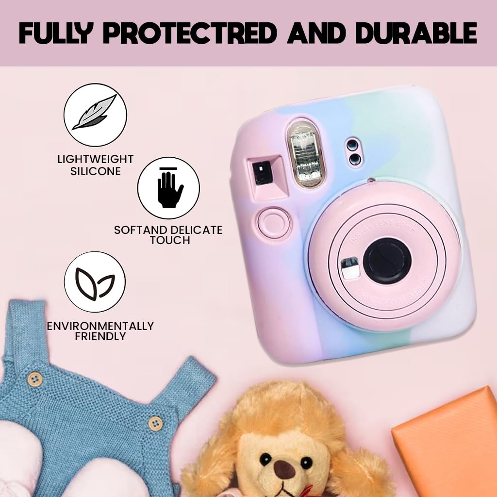 ZORBES Soft Silicone Protective Camera Case for Fujifilm Instax Mini 12 with Shoulder Strap | Featuring Hollowed Back for Quick Film Change and Fashion Gradient Design
