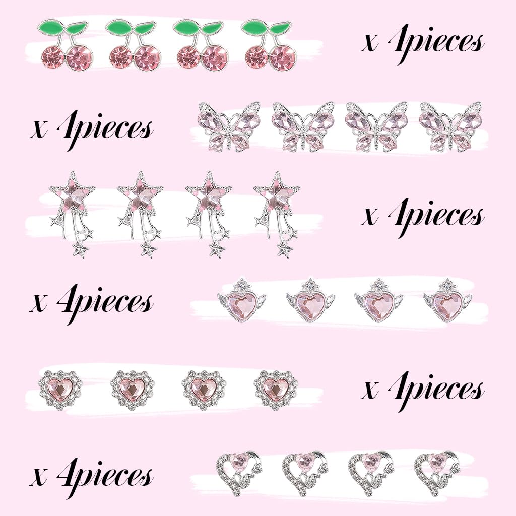 MAYCREATE Nail Charms Set for DIY Art with 24 Alloy 3D Designs and Pink Rhinestones | Kawaii Gems