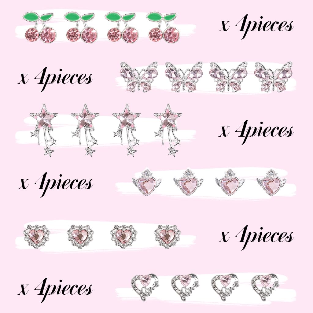 MAYCREATE® 24Pcs 3D Nail Charms and Gems Silver Butterfly Star Planet Cherries Nail Charms for Acrylic Chrome Nails Design Kawaii Nail Jewels for Nail Art