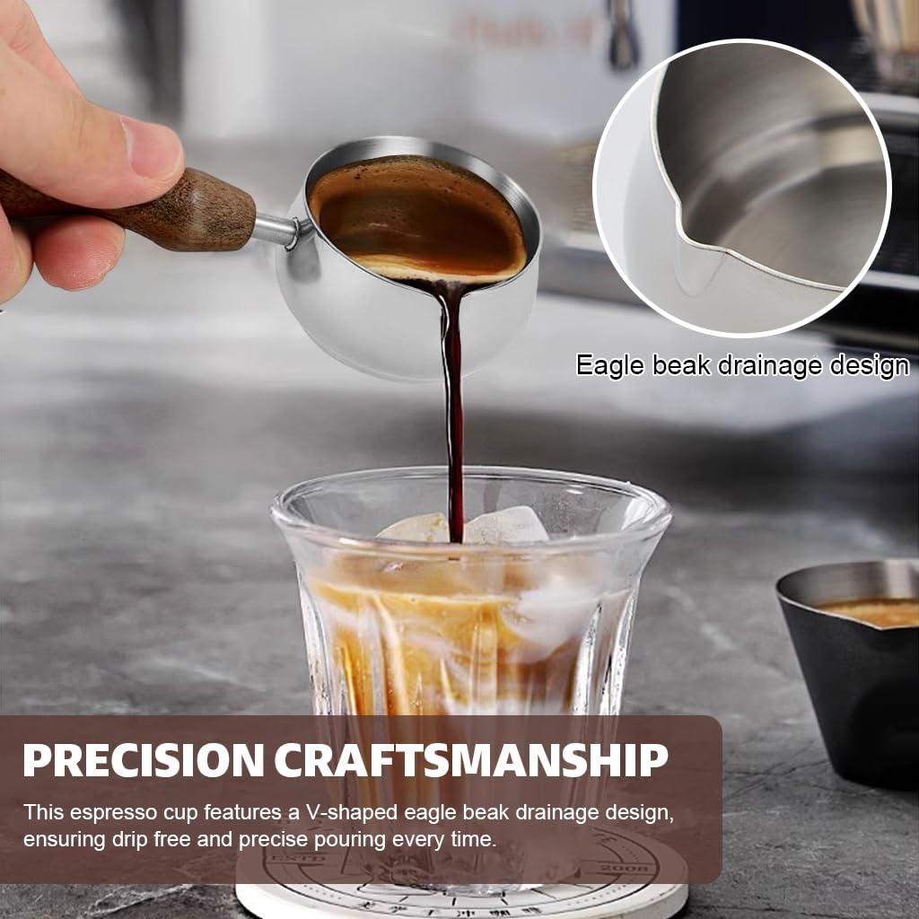 Supvox Espresso Shot Pitcher for Barista with 60ml Capacity featuring V Shape Spout and Wooden Handle