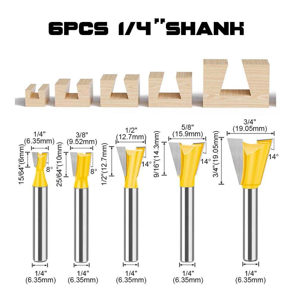 Serplex Router Bit Set for Woodworking with 1/4 in Shank and 5 Sizes Tungsten Steel Cutters
