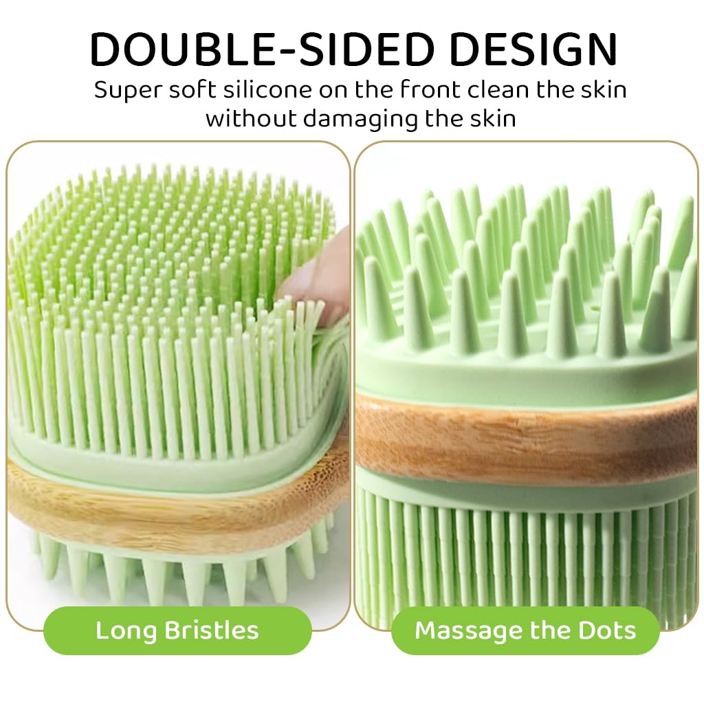 MAYCREATE Silicone Back Scrubber for Shower with Dual Sided Bristles and Wooden Handle | Green