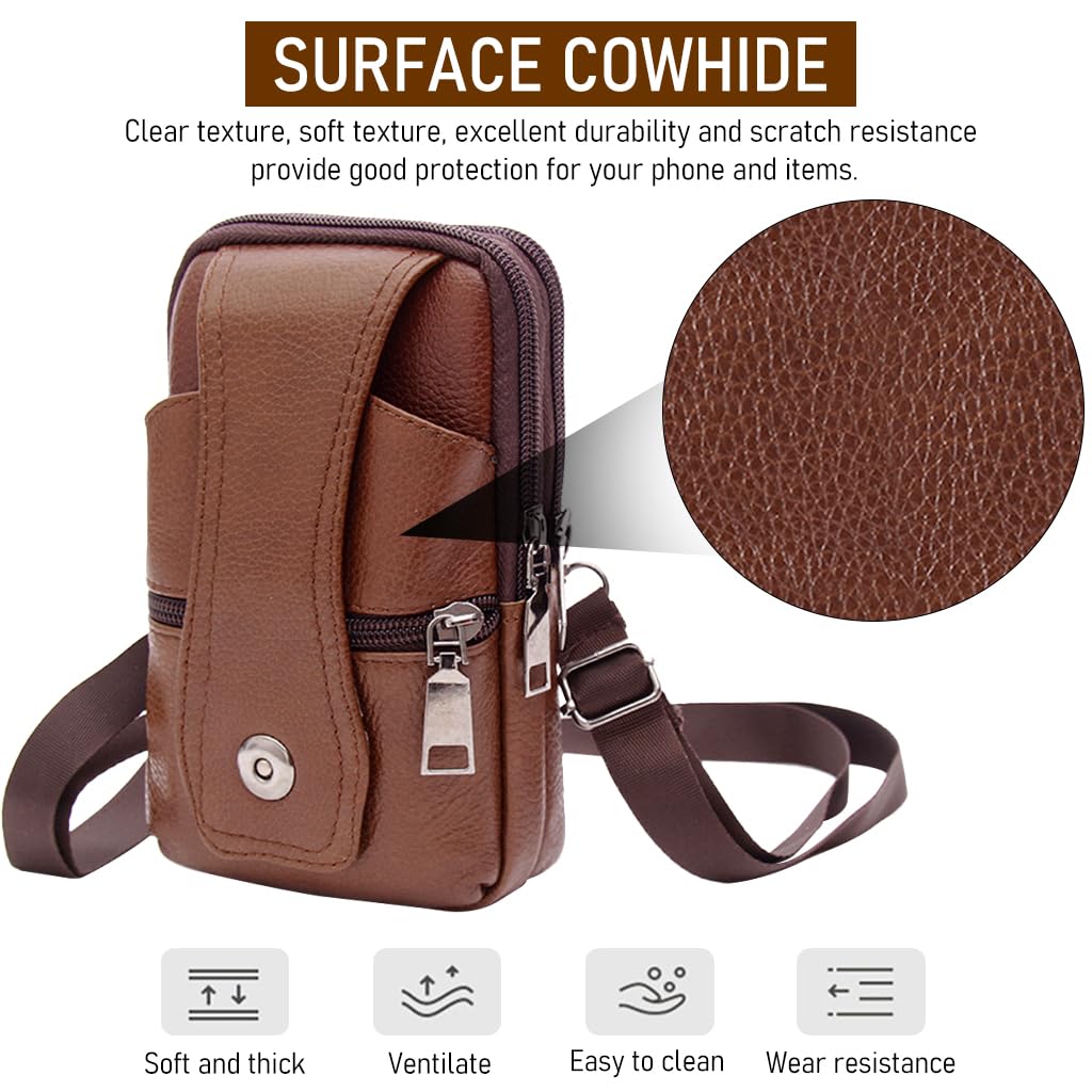 ZIBUYU Mobile Pouch for Men with Magnetic Cover and Belt Clip in Brown Leather | Hands Free Crossbody Holster for iPhone 12 13 14 Pro Max