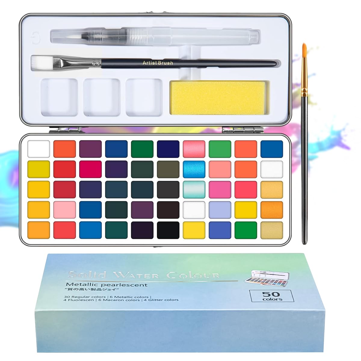 HASTHIP® Solid 50-Color Watercolor Set, Professional & Beginners Paint Kit with Brush & Pen, Non-Toxic Pigment, Portable Metal Box, Ideal for Studio & Travel Artists