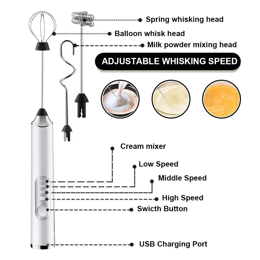 Supvox Hand Blender for Coffee 3 in 1 Frother Coffee Maker with 3 Speed Milk Frother for Coffee Frother Electric USB Rechargeable Coffee Beater with 3 Stainless Whisks Head for Latte Chocolate White