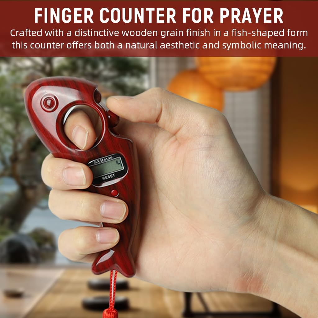 Proberos Digital Tally Counter for Spiritual Practices with 99,999 Count Capacity | Wooden Grain Fish Shape Design and Rolling Prayer Beads