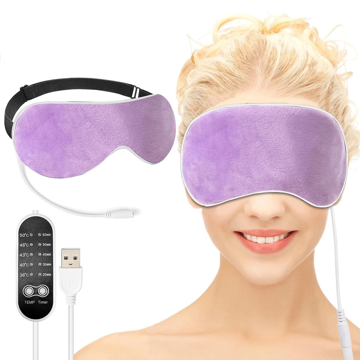 HANNEA® Polypropylene Heated Eye Mask, Usb Wired Eye Mask With Temperature & Time Control, Warm Eye Compress Heating Pad For Sleep, Relieve Eye Strain, Puffy Eyes(Purple)