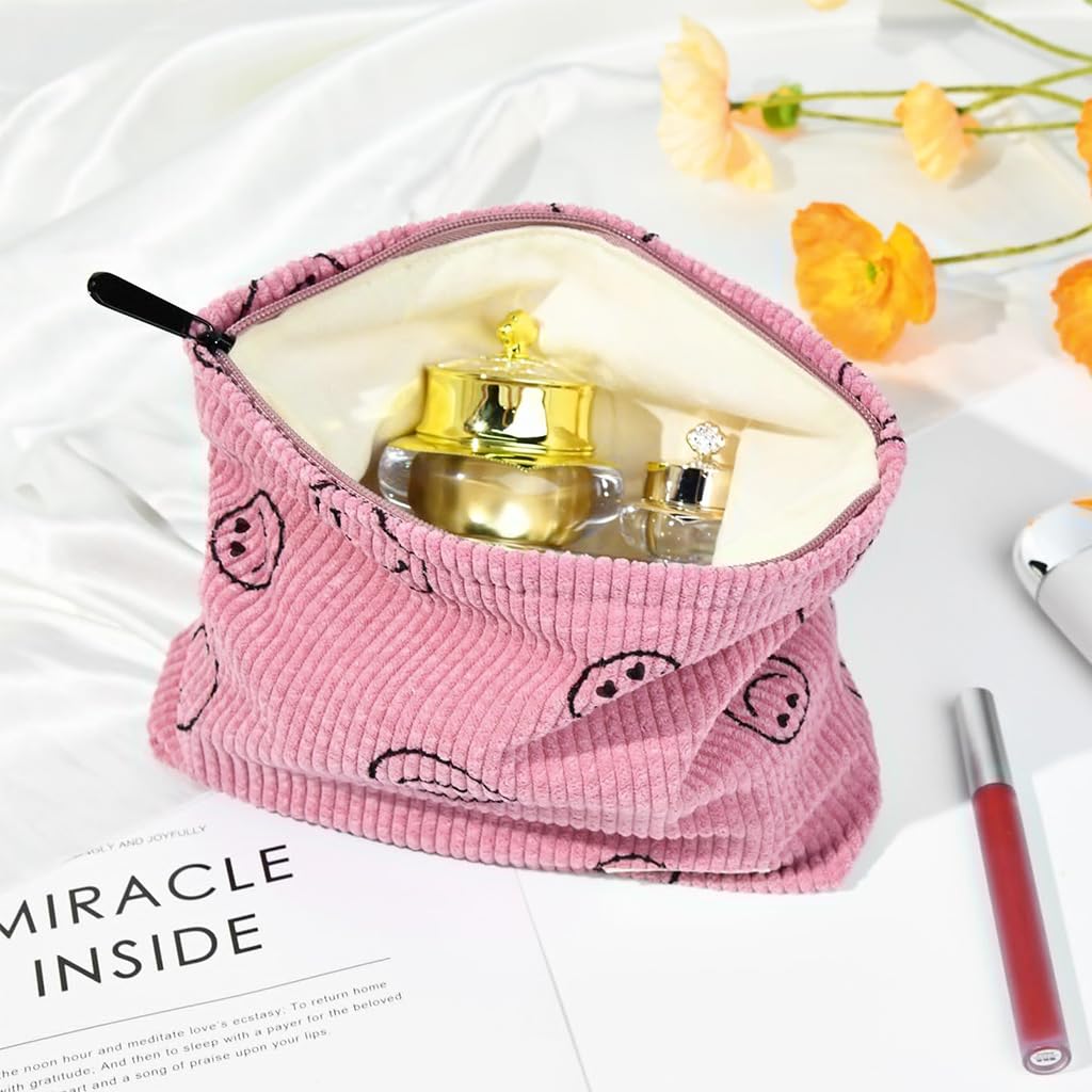 ZIBUYU Makeup Pouch Bag for Travel and Daily Use with Zipper Closure 25x20x6 cm | Corduroy Smiley Print for Women