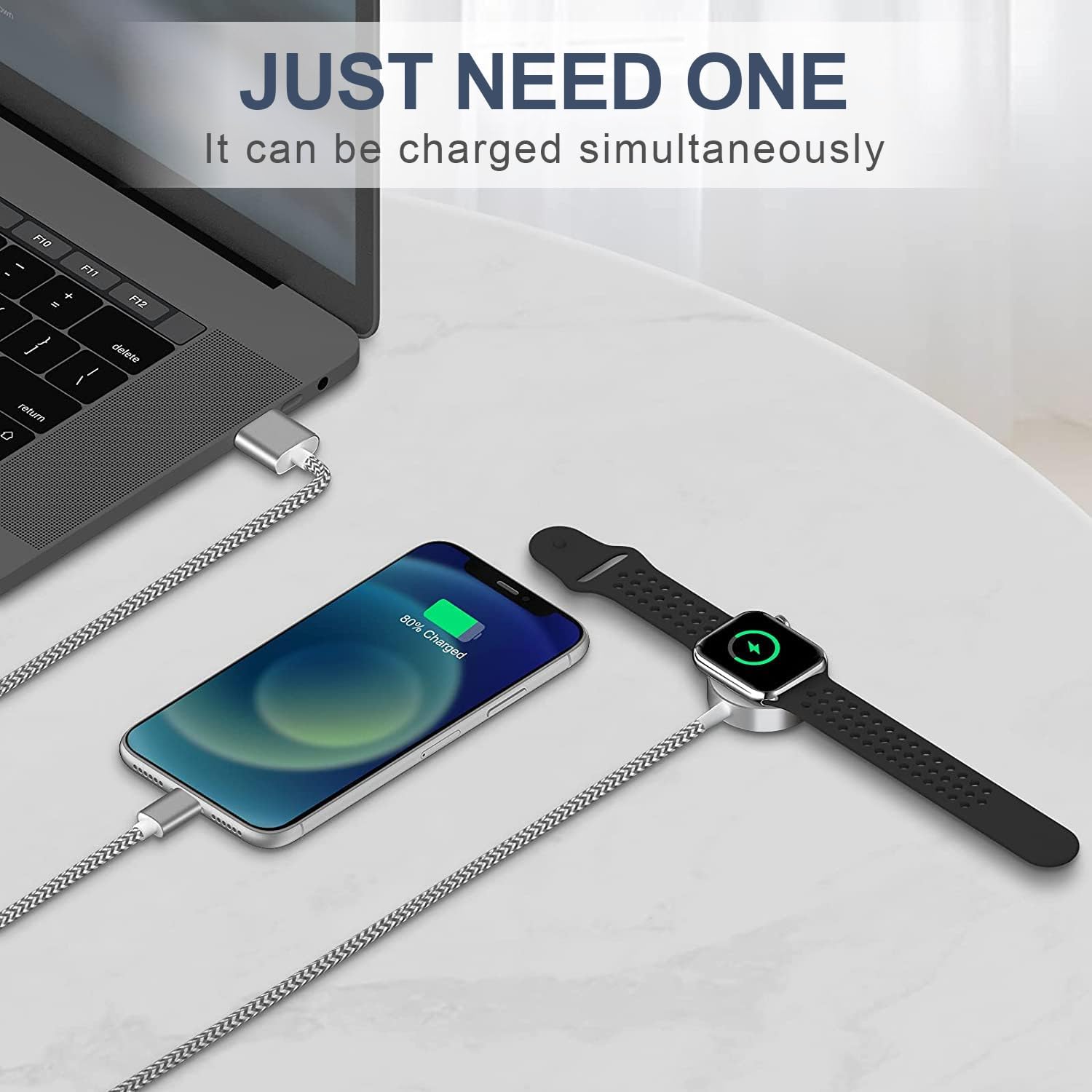 Zeitel 2 in1 Watch Charger Cable for Apple Devices with Magnetic Fast Charging | 3.3 ft Braided Nylon