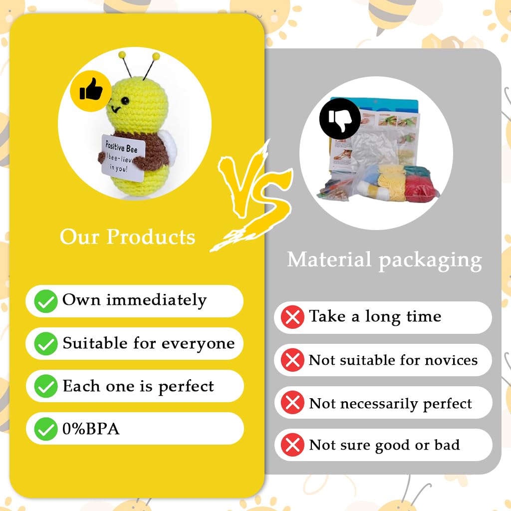 Zibuyu Positive Bee Crochet Doll for Cheerful Gifts with Emotional Support Card | Handmade Knitted Wool Plush Decor