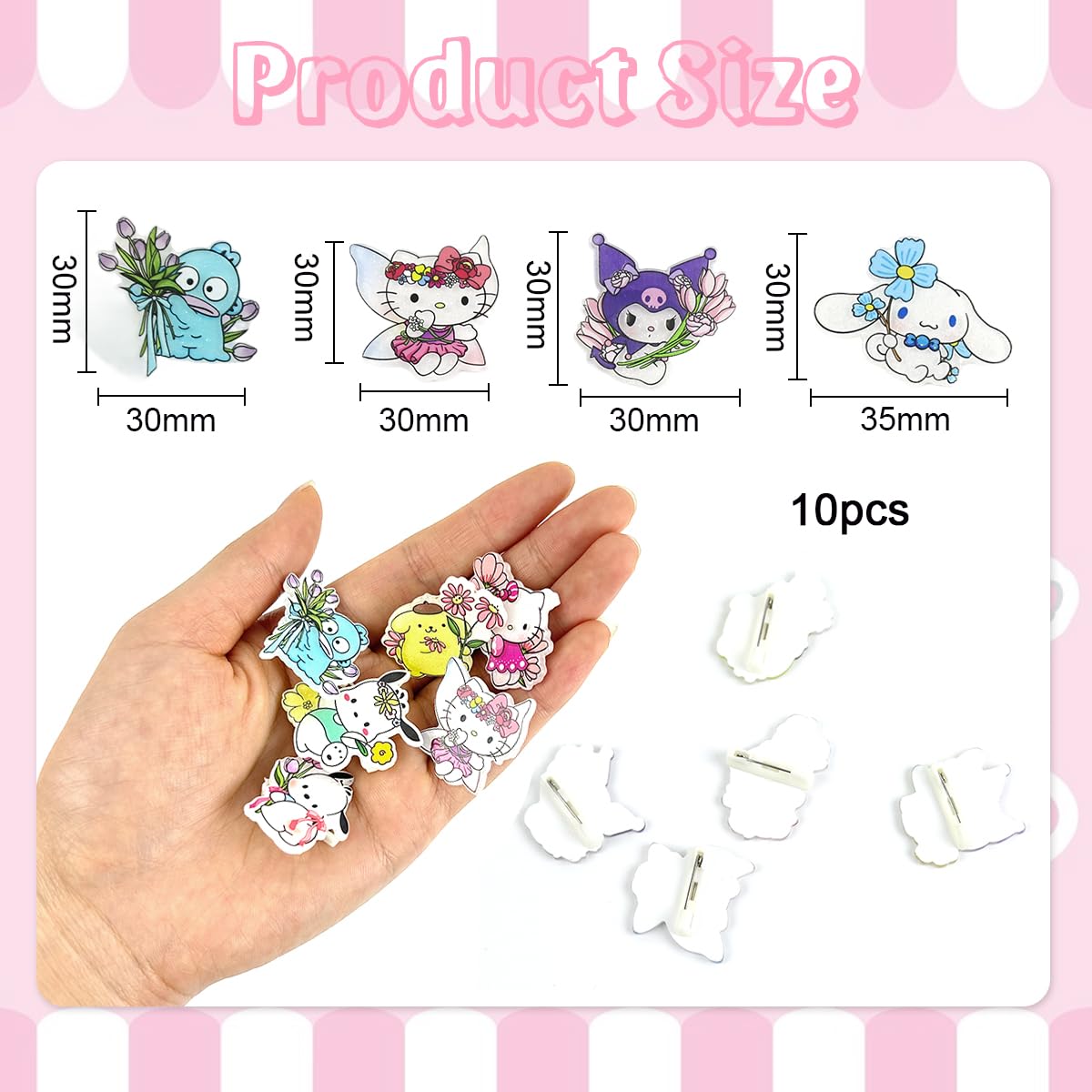 HASTHIP® 10pcs Kawaii Pins for Backpacks Badges for Bags Aesthetic Acrylic Cartoon Pins Cute Kuromi Cinnamoroll Brooch Pins Sanrio Kitty Charms Pins for Kids Girls Clothing Jackets Hat Accessories