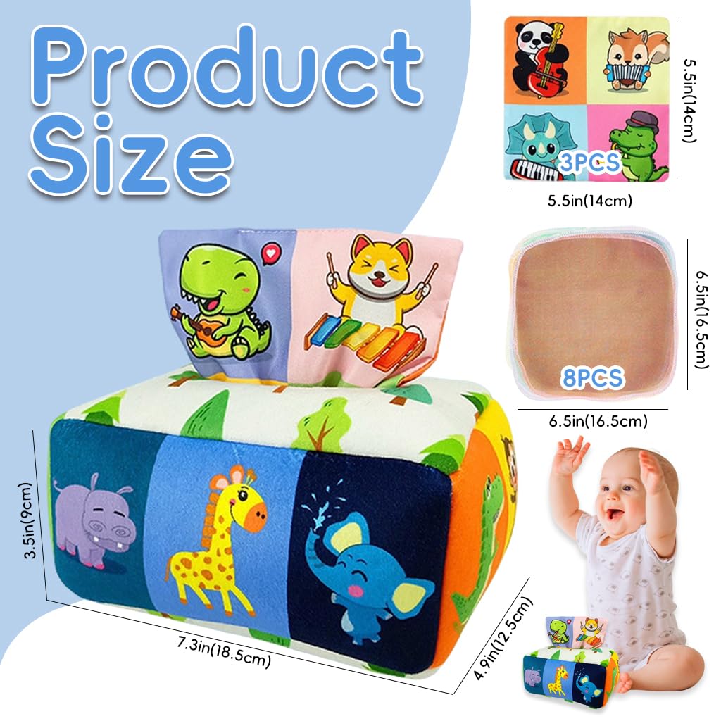 PATPAT Soft Tissue Box Toy for Baby 6–18 Months with 8 Sheer & 3 Crinkle Fabrics | Montessori Sensory Play