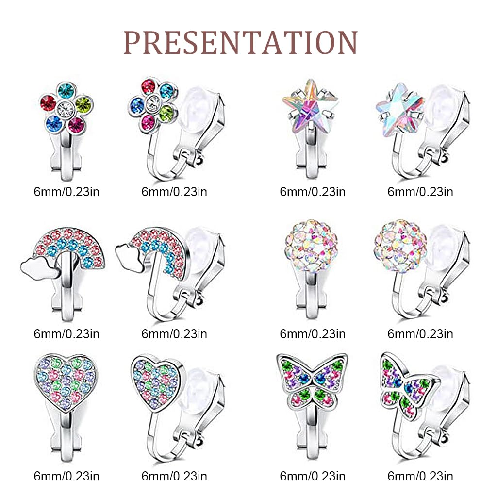 SANNIDHI® 6 Pairs Silver Earrings for Girls Stylish Clip-on Princess Stud Earrings for Girls Cute Shining Crystal Heart Butterfly Kids Earrings for Girls Jewelry Gift - Non-Piercied