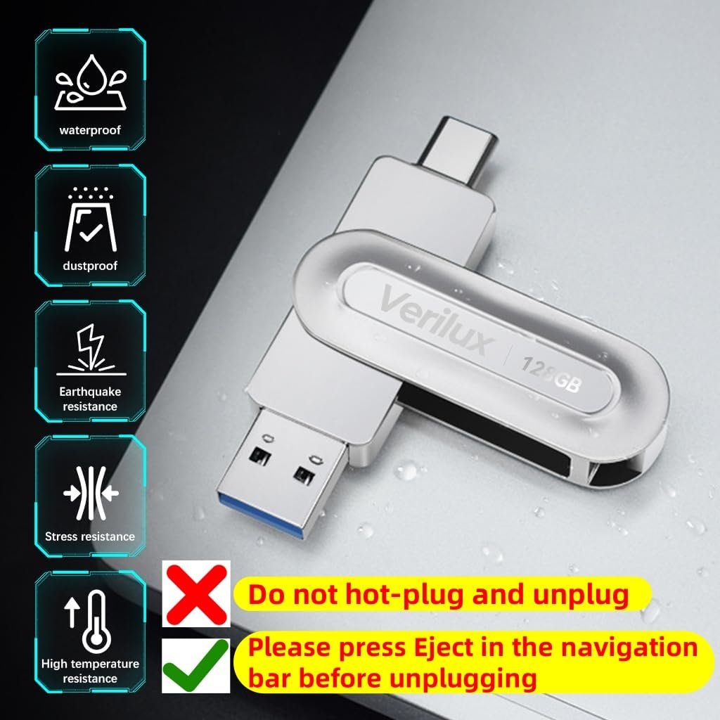 Verilux Pendrive 128GB with USB 3.2 Dual Connector Type C and A for Laptop and Android | 360° Rotation Design