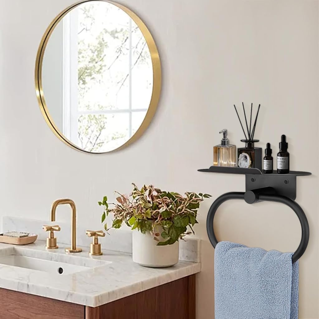HASTHIP Round Towel Ring with Shelf for Bathroom and Kitchen featuring Self Adhesive Wall Mount | Space Saving Steel Organizer