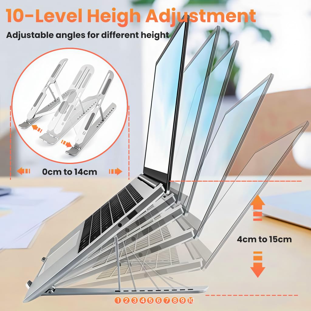 ZORBES Laptop Riser Stand with 10 Height Levels for Desk Use featuring Ergonomic Aluminum Design