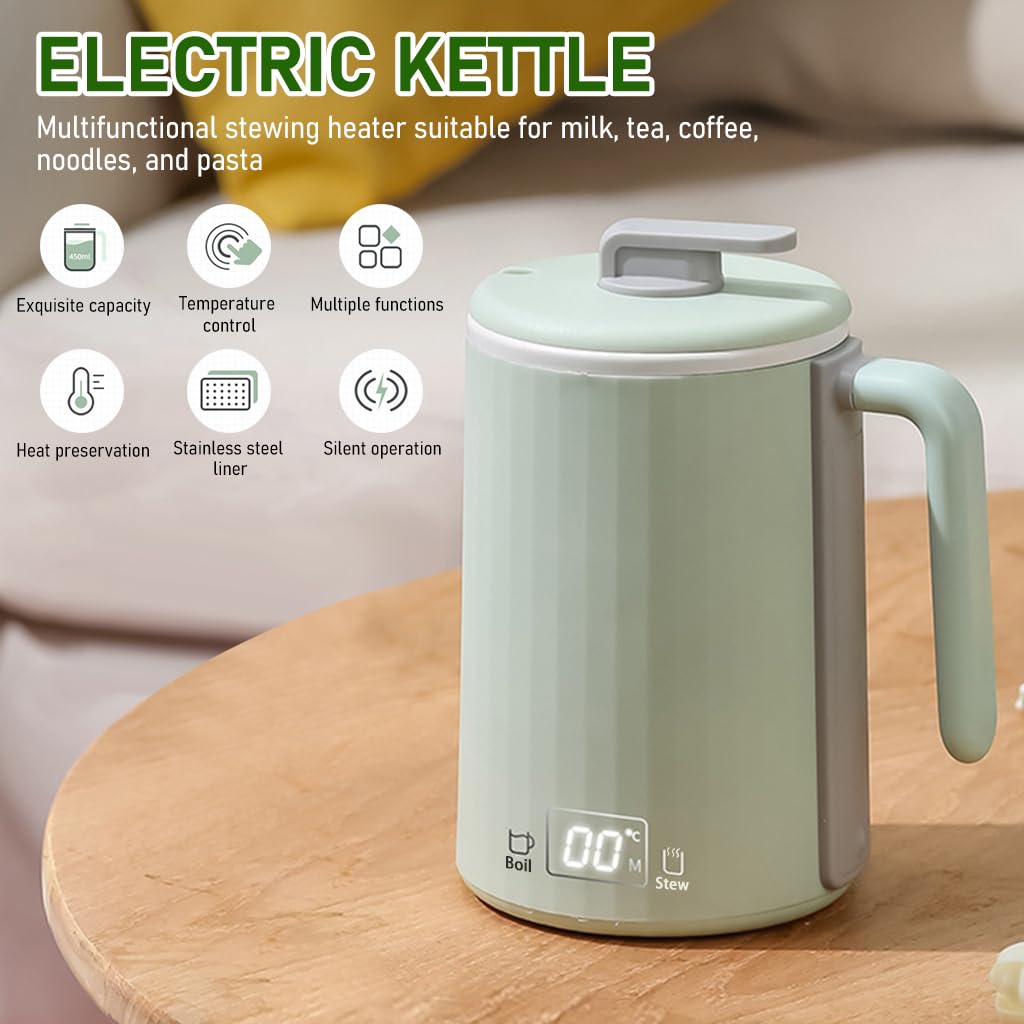 Supvox Electric Kettle for Travel and Home Use with 4 Preset Temperatures and Ceramic Liner | 450ml Portable Water Boiler Featuring LCD Display and Tea Strainer