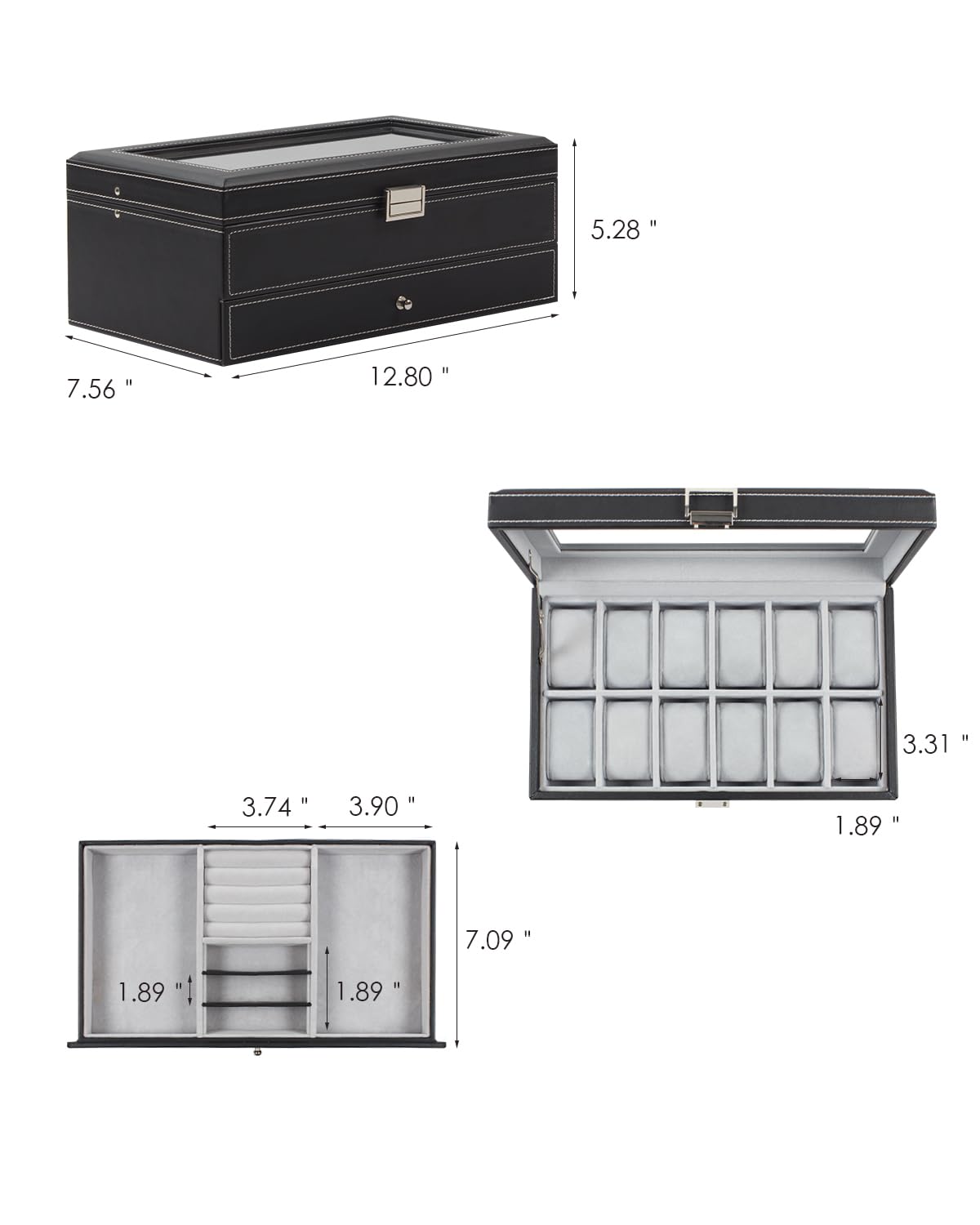 ZIBUYU Men's Jewelry Box Wooden PU Watch Storage Organizer 12-Grid Double Layer Watch Organizer Holder with Pillows Stylish Men Jewelry Box Organizer for Bracelet, Necklace, Rings, Ear Studs, Watches