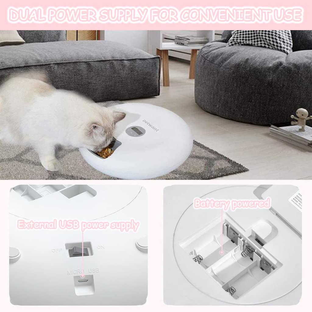 Qpets® Automatic Cat Feeder 6 Meal Rotatable Cat Food Dispenser Pet Food Dispenser for Wet Dry Pet Food Dispenser for Small Medium Pet Cat Food Batteries & USB Power Supply