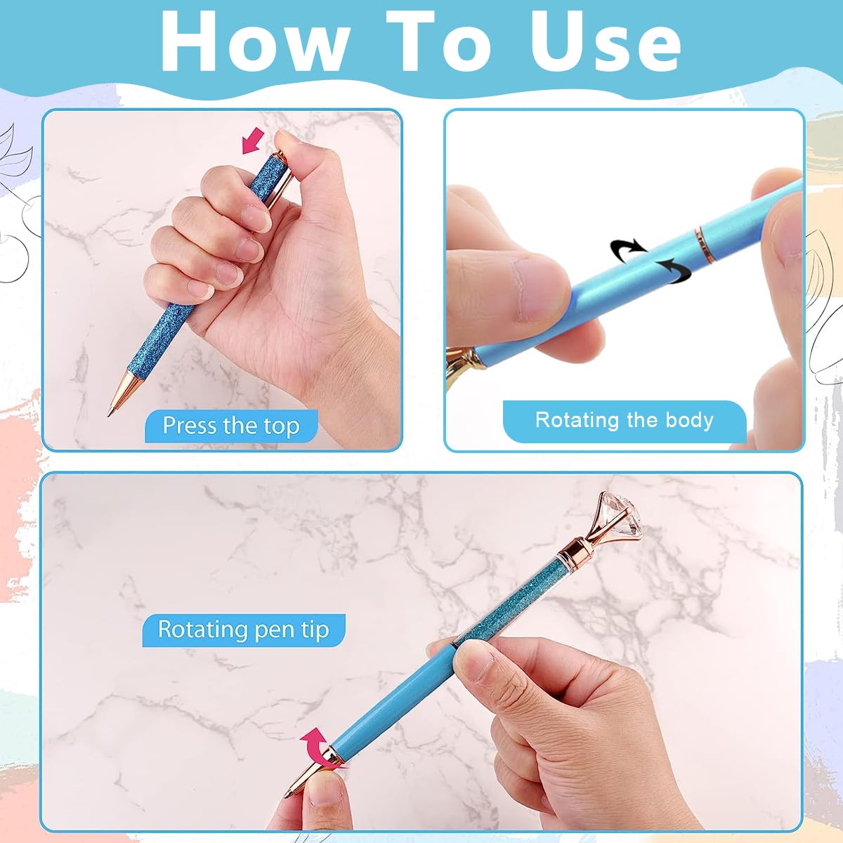 Climberty Ballpoint Pens Set for Journaling with 9 Designs and Crystal Glitter | Blue Metal Gifts for Women